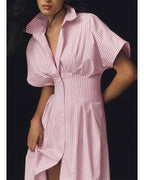 Chouyatou Women's Contrast Color Striped Shirt Dress Pleated Button Down Maxi Long Tunic Dress