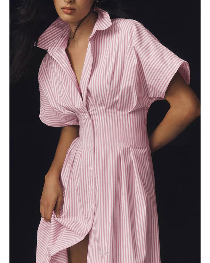 Chouyatou Women's Contrast Color Striped Shirt Dress Pleated Button Down Maxi Long Tunic Dress