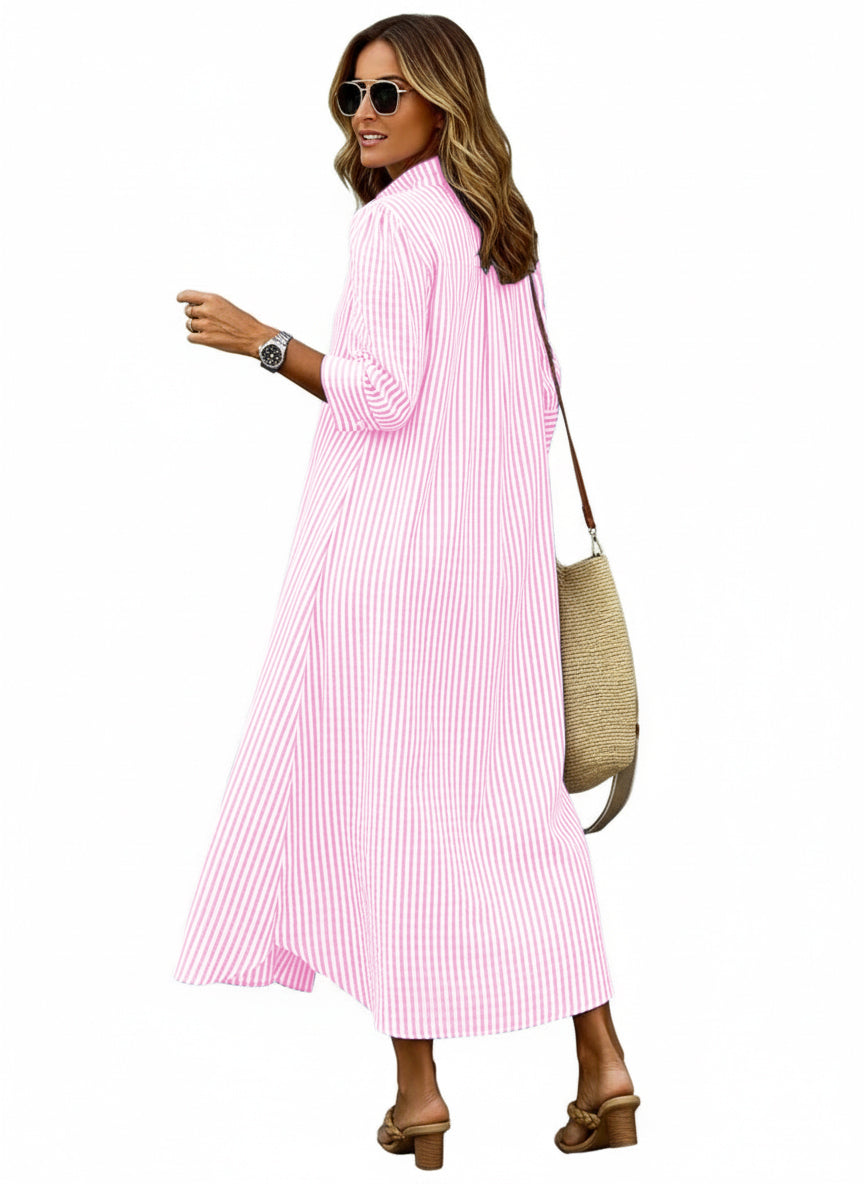 Chouyatou Women's Summer 3/4 Sleeve Striped Maxi Long Shirt Dress Boho Ruffled Button Down Beach Dress