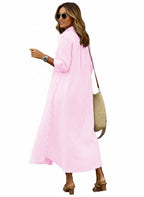 Chouyatou Women's Summer Boho Belted Striped Shirt Dress Casual Loose Short Sleeve Midi Long Beach Dress