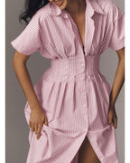 Chouyatou Women's Contrast Color Striped Shirt Dress Pleated Button Down Maxi Long Tunic Dress