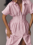 Chouyatou Women's Contrast Color Striped Shirt Dress Pleated Button Down Maxi Long Tunic Dress