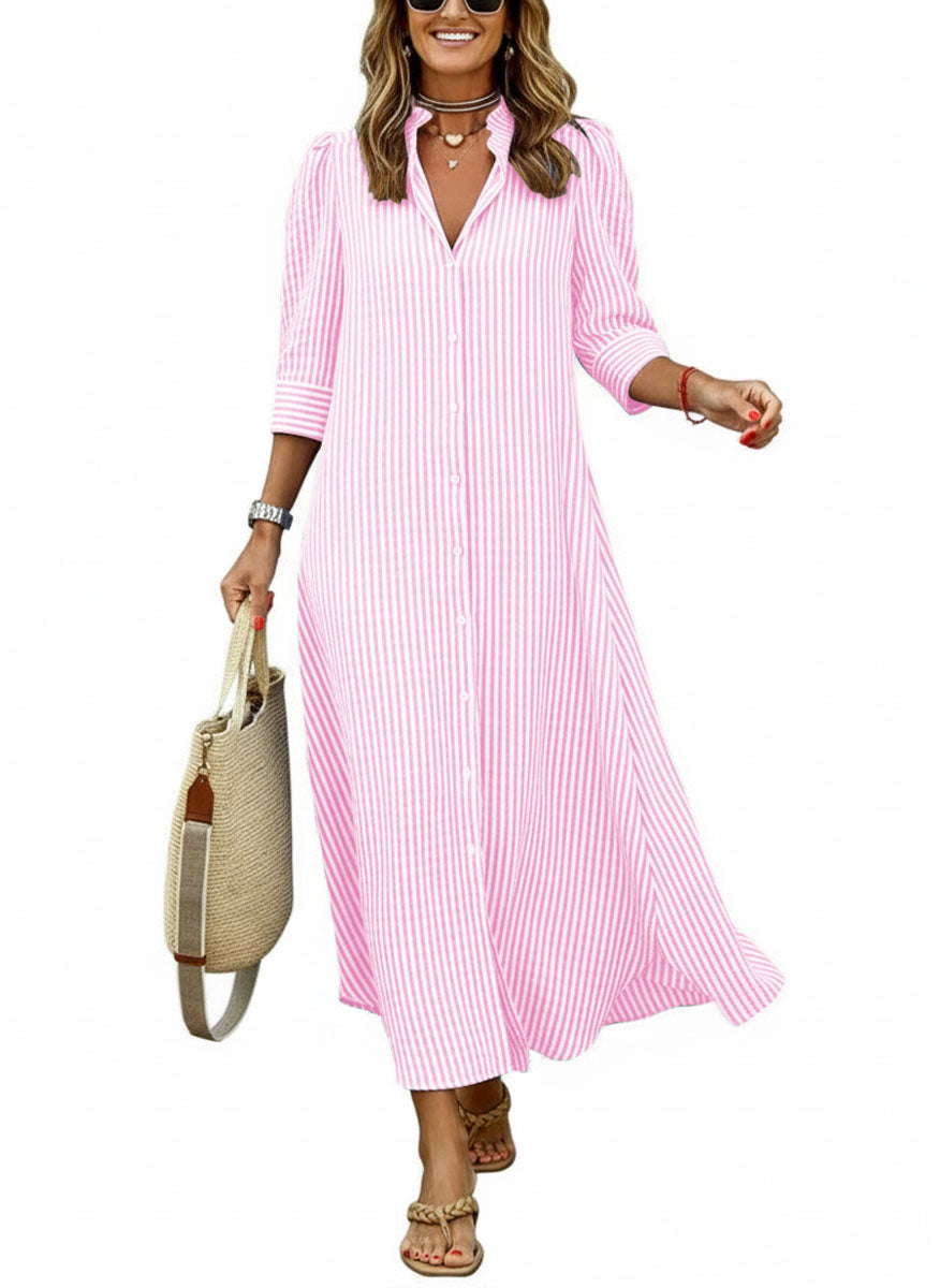 Chouyatou Women's Summer 3/4 Sleeve Striped Maxi Long Shirt Dress Boho Ruffled Button Down Beach Dress