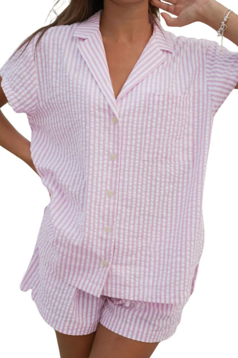 Chouyatou Womens Striped Pajama Set Cute Heart Pjs Sleepwear Short Sleeve Shirt and Shorts Set