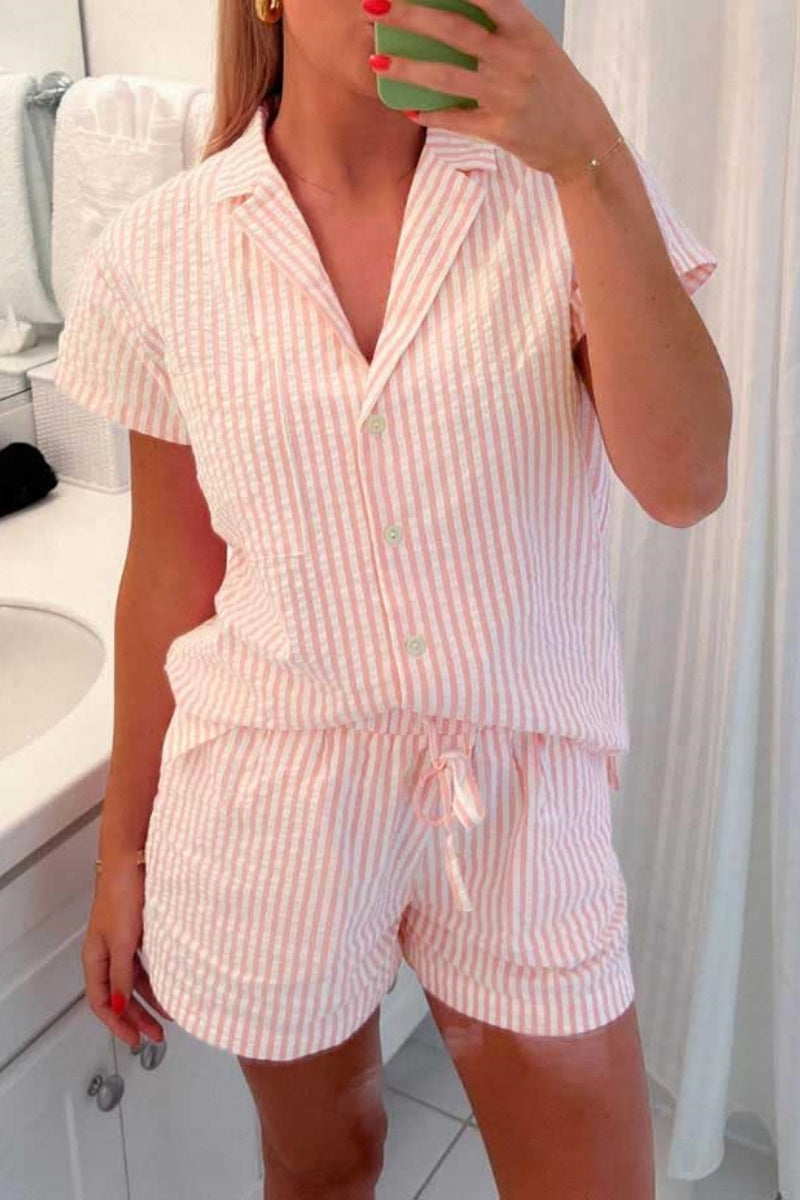 Chouyatou Womens Striped Pajama Set Cute Heart Pjs Sleepwear Short Sleeve Shirt and Shorts Set
