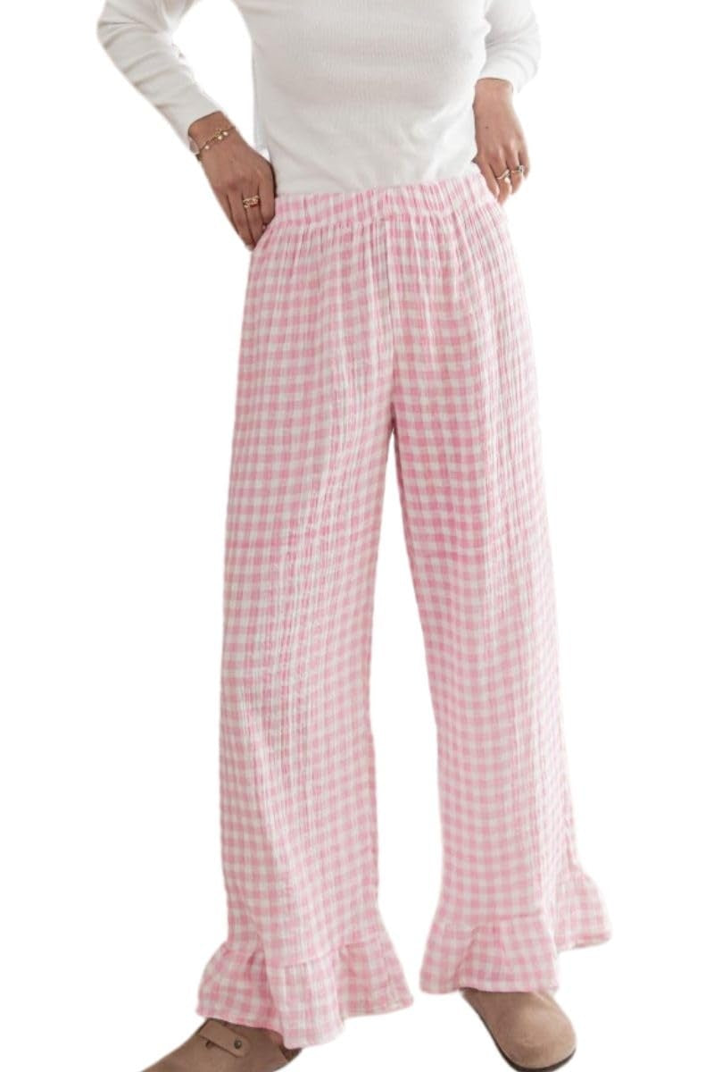 Chouyatou Womens Gingham Pants Wide Leg Lounge Pants Y2k Plaid Print Ruffle Hem Loose Trouser
