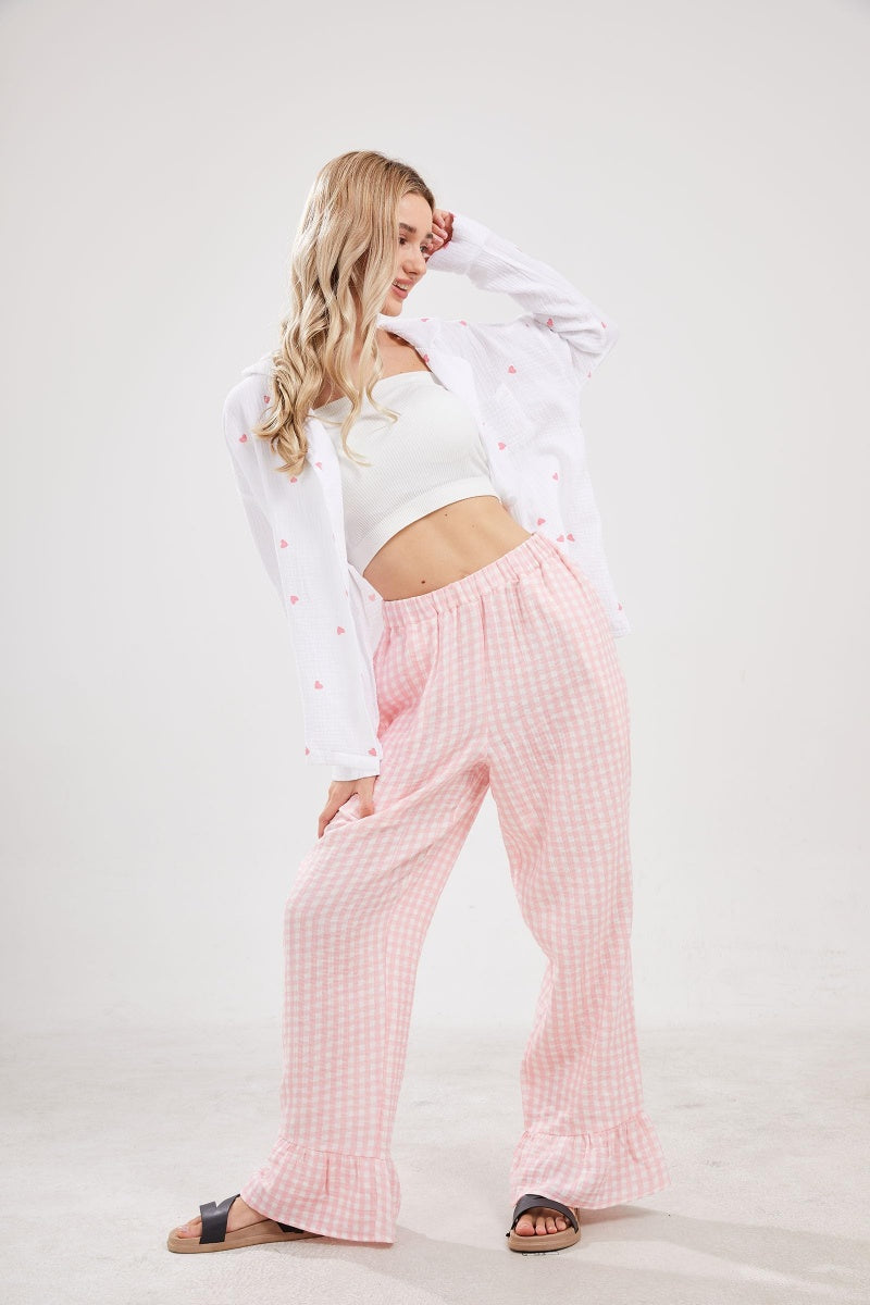 Chouyatou Womens Gingham Pants Wide Leg Lounge Pants Y2k Plaid Print Ruffle Hem Loose Trouser