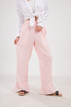 Chouyatou Womens Gingham Pants Wide Leg Lounge Pants Y2k Plaid Print Ruffle Hem Loose Trouser