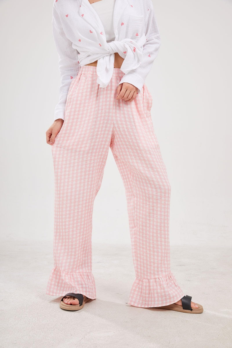 Chouyatou Womens Gingham Pants Wide Leg Lounge Pants Y2k Plaid Print Ruffle Hem Loose Trouser