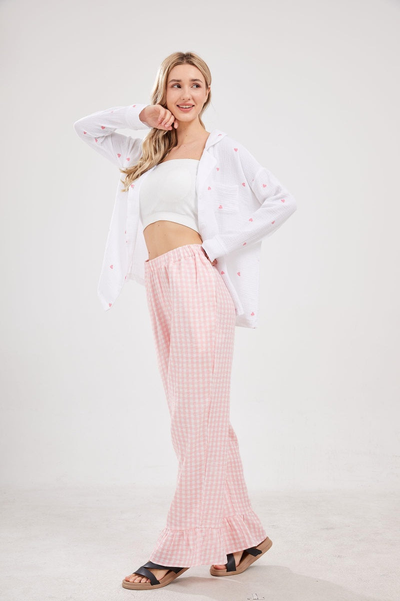 Chouyatou Womens Gingham Pants Wide Leg Lounge Pants Y2k Plaid Print Ruffle Hem Loose Trouser