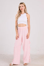 Chouyatou Womens Gingham Striped Wide Leg Pants Y2k Lounge Pants Lace Up Loose Trousers
