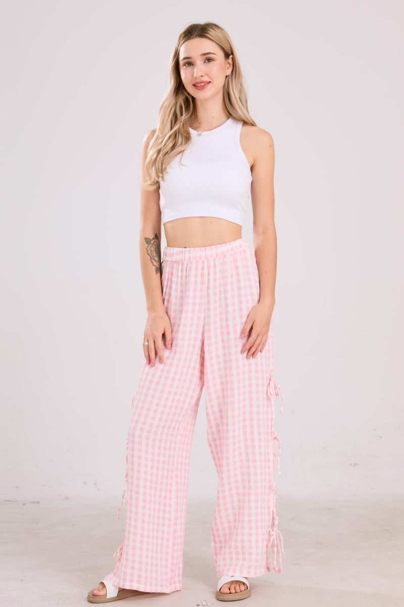 Chouyatou Womens Gingham Striped Wide Leg Pants Y2k Lounge Pants Lace Up Loose Trousers