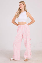 Chouyatou Womens Gingham Striped Wide Leg Pants Y2k Lounge Pants Lace Up Loose Trousers