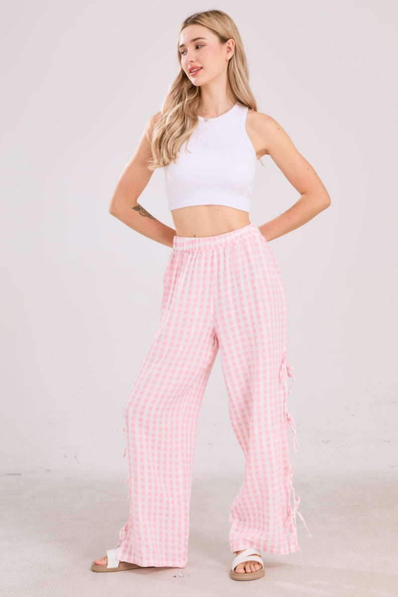 Chouyatou Womens Gingham Striped Wide Leg Pants Y2k Lounge Pants Lace Up Loose Trousers
