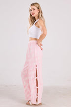 Chouyatou Womens Gingham Striped Wide Leg Pants Y2k Lounge Pants Lace Up Loose Trousers