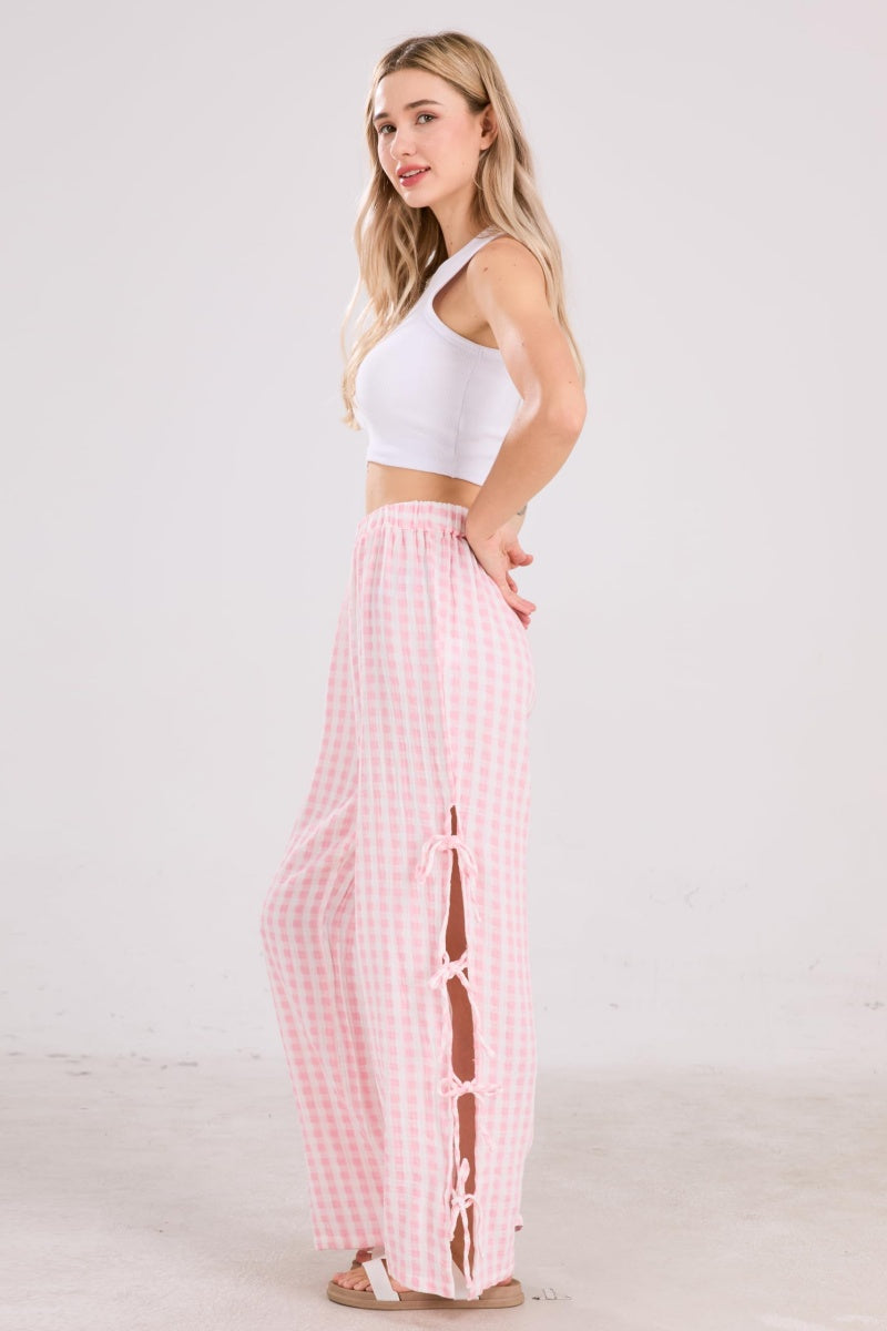 Chouyatou Womens Gingham Striped Wide Leg Pants Y2k Lounge Pants Lace Up Loose Trousers