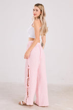Chouyatou Womens Gingham Striped Wide Leg Pants Y2k Lounge Pants Lace Up Loose Trousers