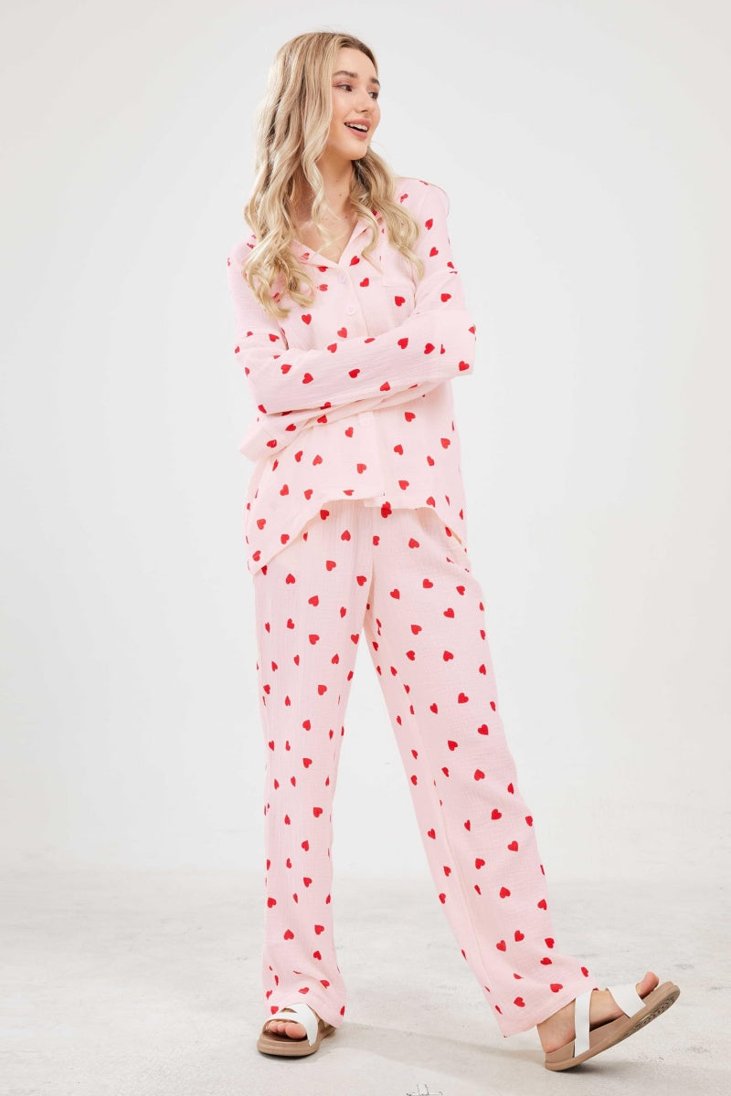 Chouyatou Womens Pajama Sets Cotton Pj Set Cute Heart Print Long Sleeve Button Down Shirt With Long Pants