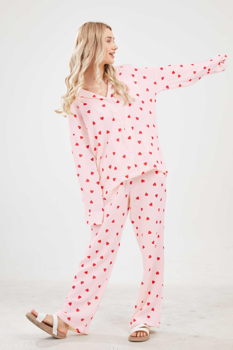 Chouyatou Womens Pajama Sets Cotton Pj Set Cute Heart Print Long Sleeve Button Down Shirt With Long Pants