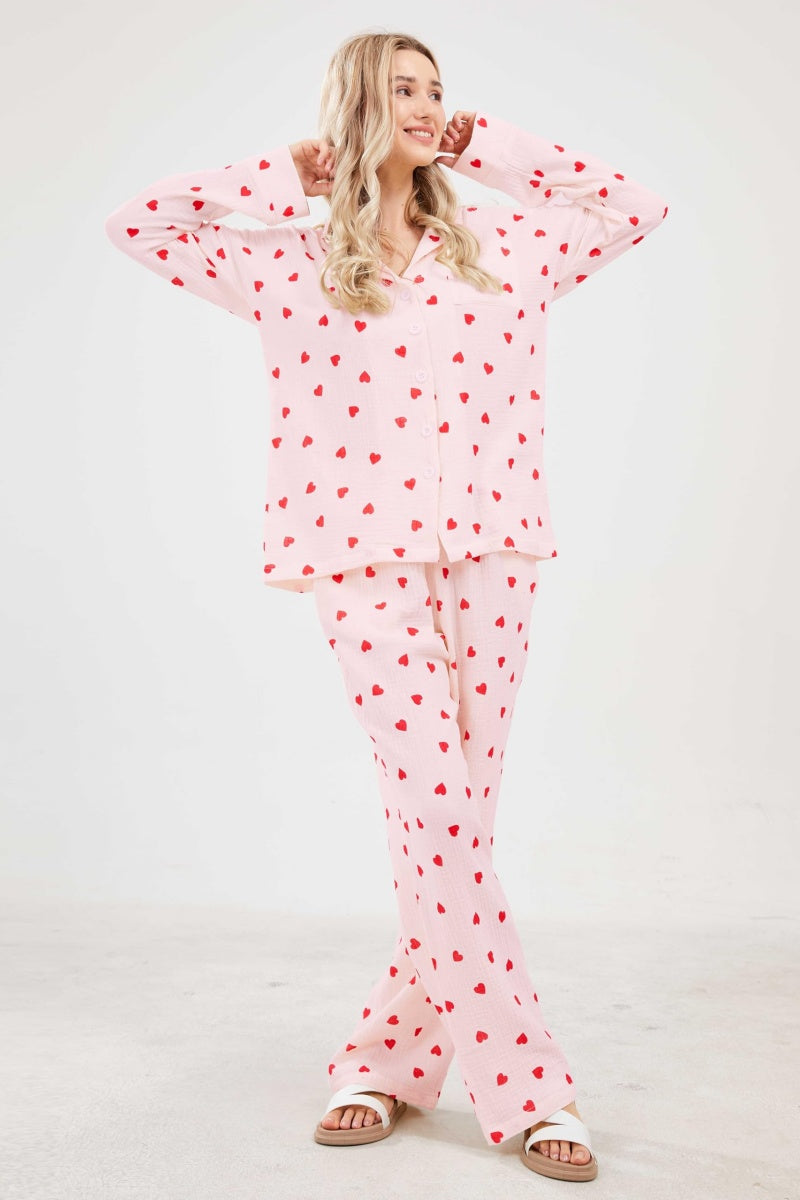 Chouyatou Womens Pajama Sets Cotton Pj Set Cute Heart Print Long Sleeve Button Down Shirt With Long Pants