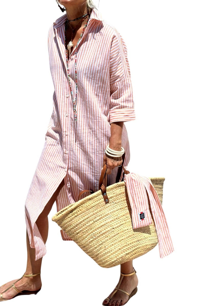 Chouyatou Womens Shirt Dress Casual Lapel 3/4 Sleeve Button Down Split Belted Vacation Maxi Dress