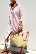 Chouyatou Womens Shirt Dress Casual Lapel 3/4 Sleeve Button Down Split Belted Vacation Maxi Dress