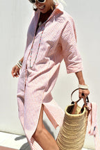 Chouyatou Womens Shirt Dress Casual Lapel 3/4 Sleeve Button Down Split Belted Vacation Maxi Dress