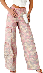 Chouyatou Women Casual Camo Print Denim Pants Y2k Wide Leg Cargo Jeans Flare Distressed Camouflage Jeans Sweatpants Pockets