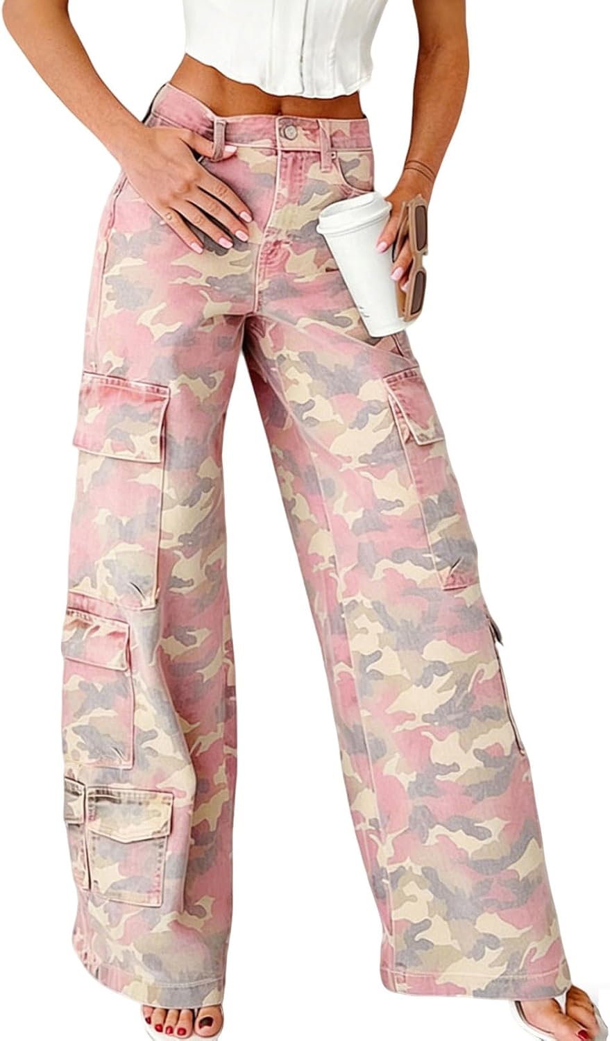 Chouyatou Women Casual Camo Print Denim Pants Y2k Wide Leg Cargo Jeans Flare Distressed Camouflage Jeans Sweatpants Pockets