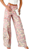 Chouyatou Women Casual Camo Print Denim Pants Y2k Wide Leg Cargo Jeans Flare Distressed Camouflage Jeans Sweatpants Pockets