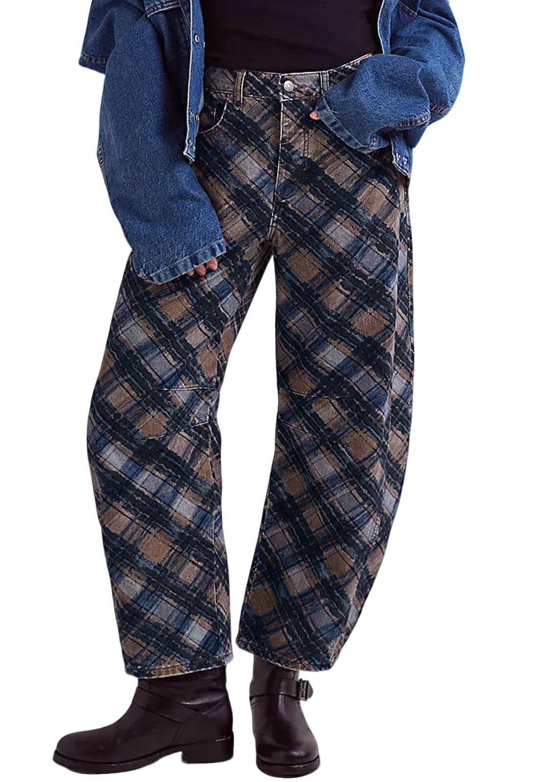 Chouyatou Women Boyfriend Baggy Barrel Jeans Floral Print Denim Ankle Pants Wide Leg Mid Rise Jeans Sweatpants Y2k Patchwork