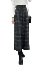 Chouyatou Women's Winter High Waist Wide Leg Plaid Wool Blend Palazzo Capri Pants Culottes with Pockets