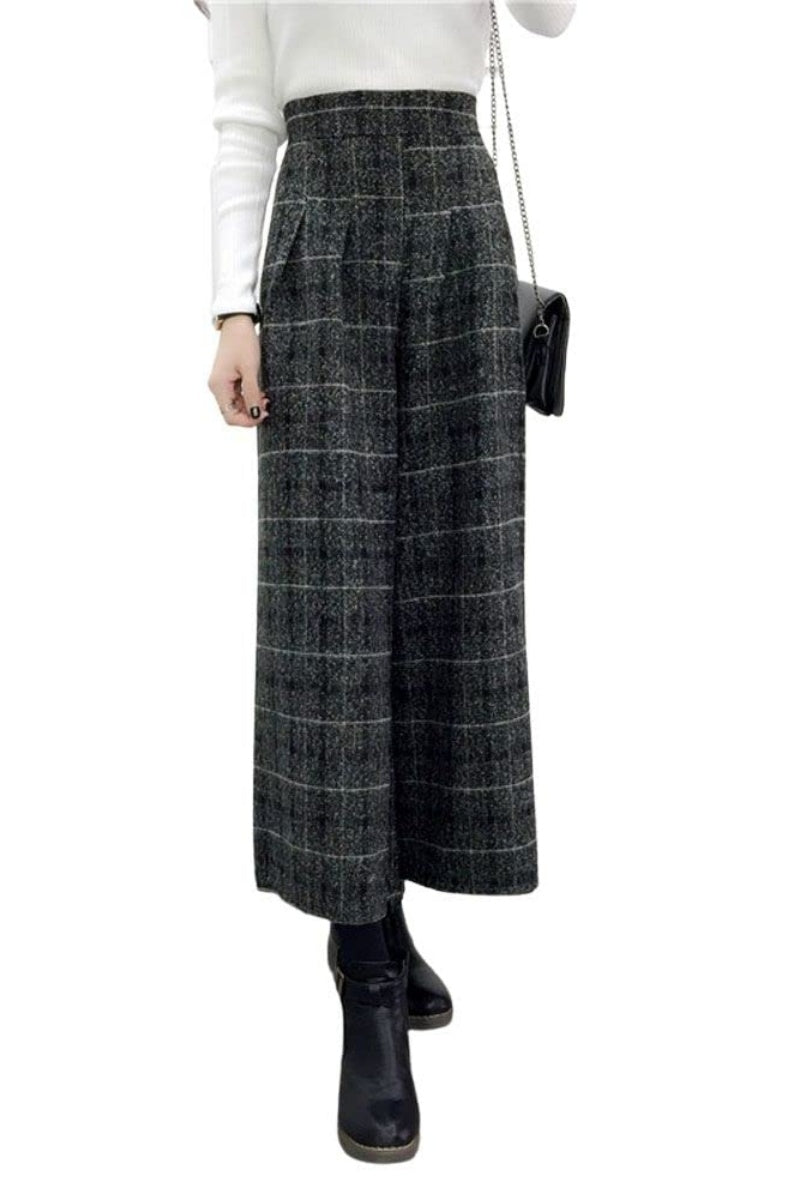 Chouyatou Women's Winter High Waist Wide Leg Plaid Wool Blend Palazzo Capri Pants Culottes with Pockets