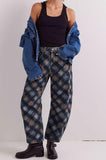 chouyatou Women Boyfriend Baggy Barrel Jeans Floral Print Denim Ankle Pants Wide Leg Mid Rise Jeans Sweatpants Y2k Patchwork