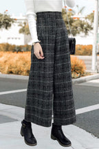 Chouyatou Women's Winter High Waist Wide Leg Plaid Wool Blend Palazzo Capri Pants Culottes with Pockets