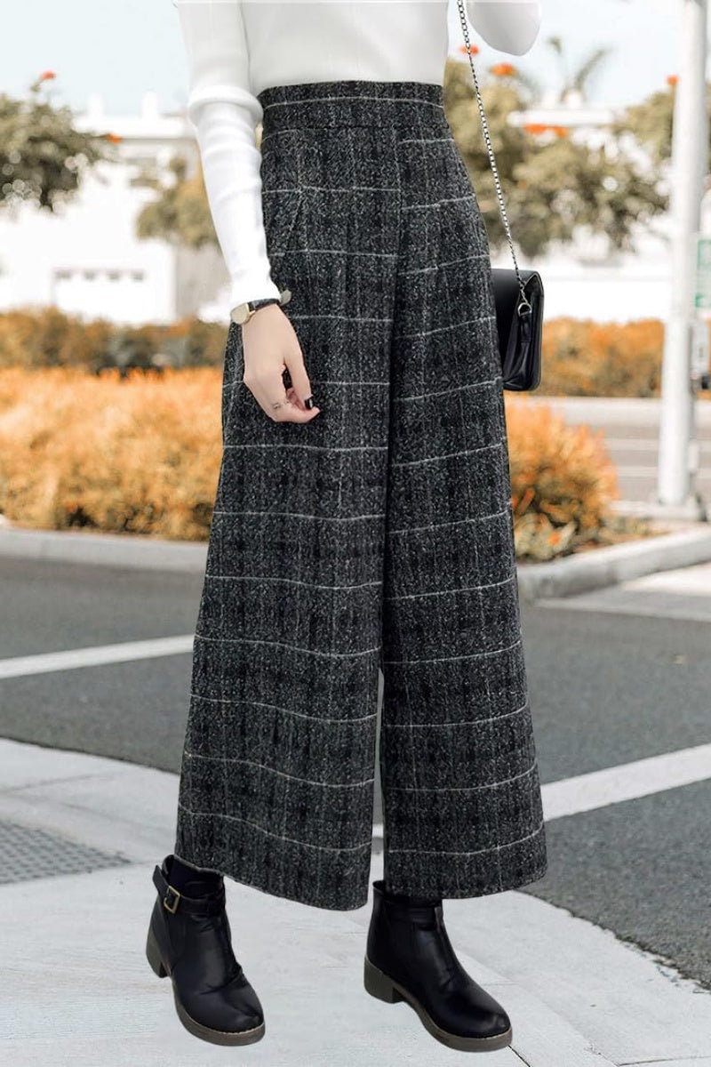 Chouyatou Women's Winter High Waist Wide Leg Plaid Wool Blend Palazzo Capri Pants Culottes with Pockets