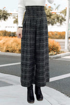Chouyatou Women's Winter High Waist Wide Leg Plaid Wool Blend Palazzo Capri Pants Culottes with Pockets