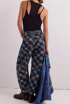 Chouyatou Women Boyfriend Baggy Barrel Jeans Floral Print Denim Ankle Pants Wide Leg Mid Rise Jeans Sweatpants Y2k Patchwork