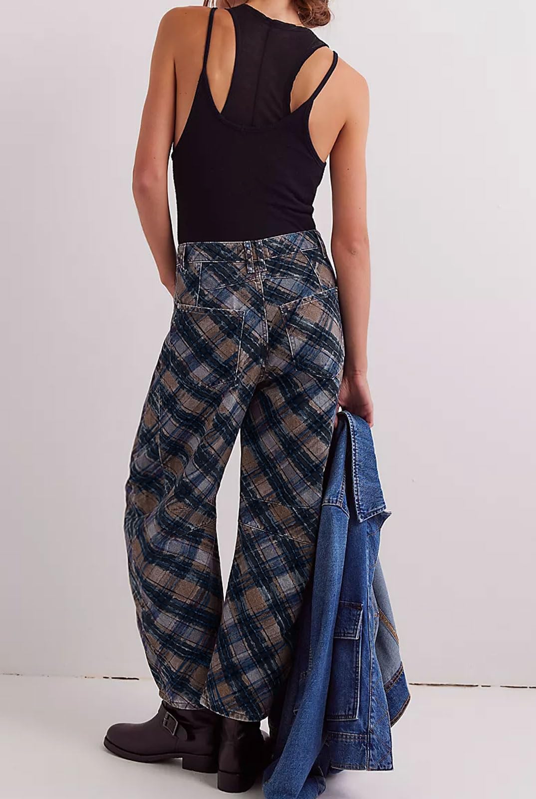 Chouyatou Women Boyfriend Baggy Barrel Jeans Floral Print Denim Ankle Pants Wide Leg Mid Rise Jeans Sweatpants Y2k Patchwork