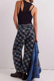 chouyatou Women Boyfriend Baggy Barrel Jeans Floral Print Denim Ankle Pants Wide Leg Mid Rise Jeans Sweatpants Y2k Patchwork