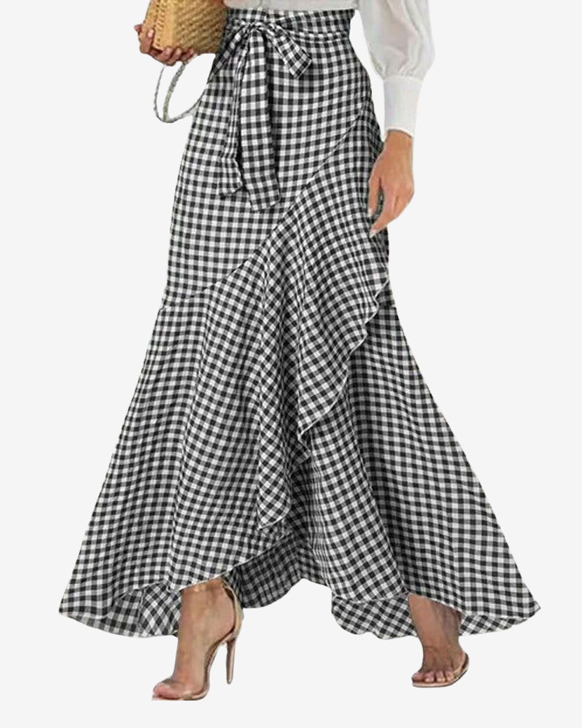 Chouyatou Women's Casual Plaid Mermaid Maxi Skirt A Line Irregular Ruffle Hem Fishtail Long Skirt