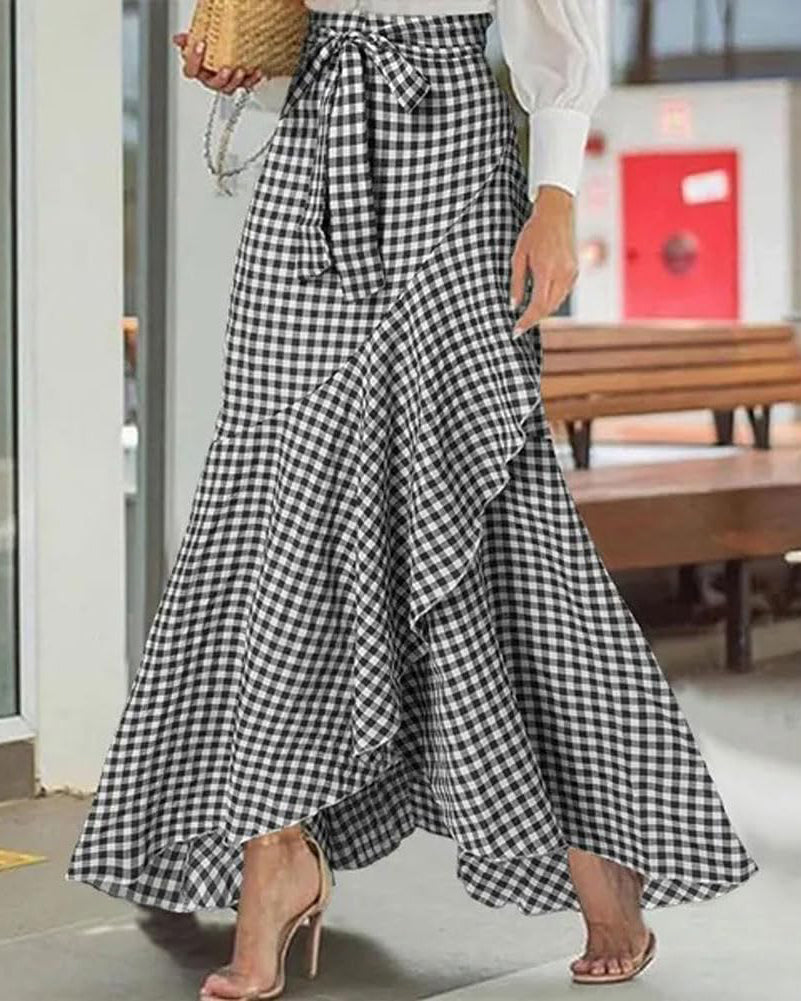 Chouyatou Women's Casual Plaid Mermaid Maxi Skirt A Line Irregular Ruffle Hem Fishtail Long Skirt
