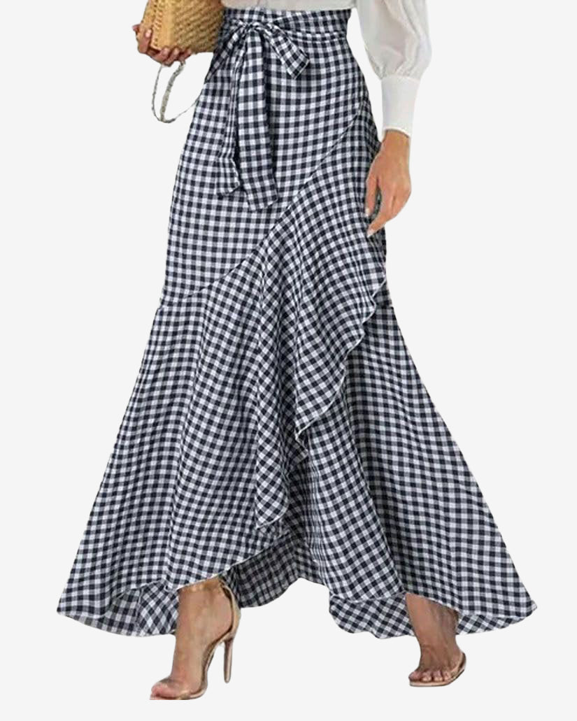 Chouyatou Women's Casual Plaid Mermaid Maxi Skirt A Line Irregular Ruffle Hem Fishtail Long Skirt