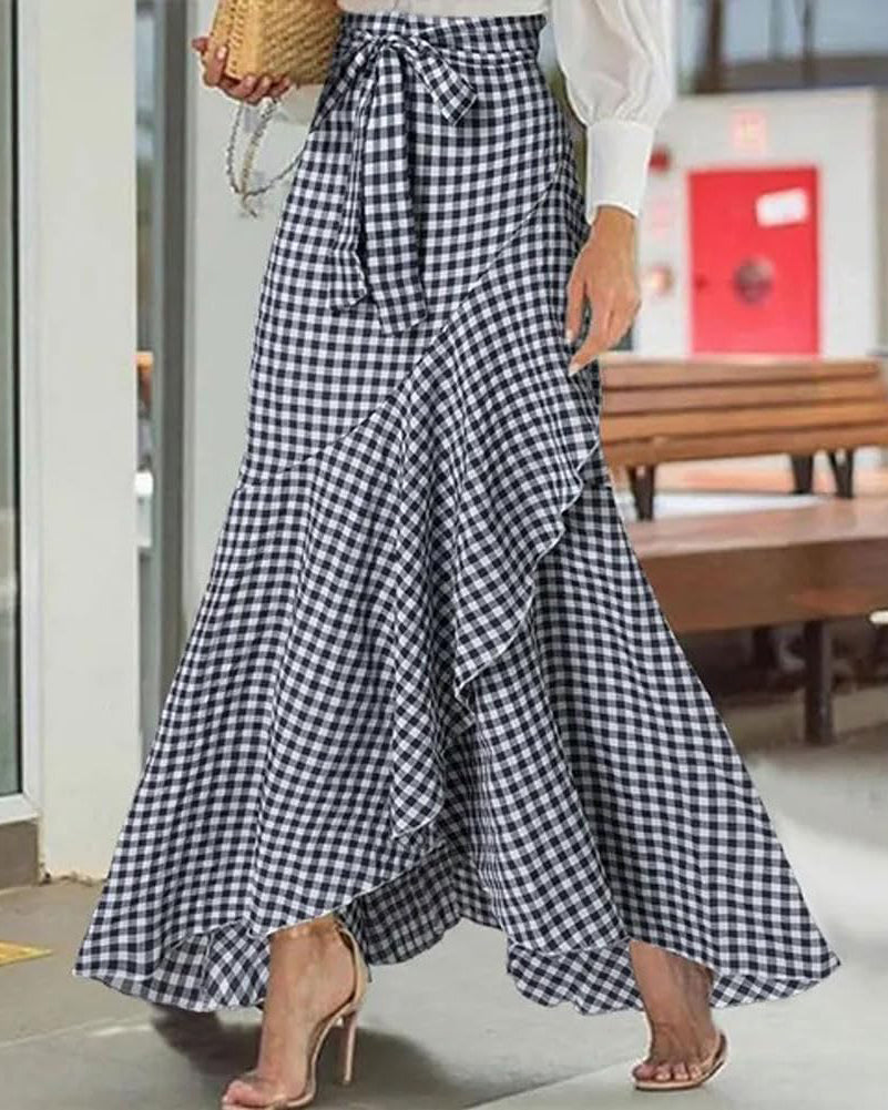 Chouyatou Women's Casual Plaid Mermaid Maxi Skirt A Line Irregular Ruffle Hem Fishtail Long Skirt