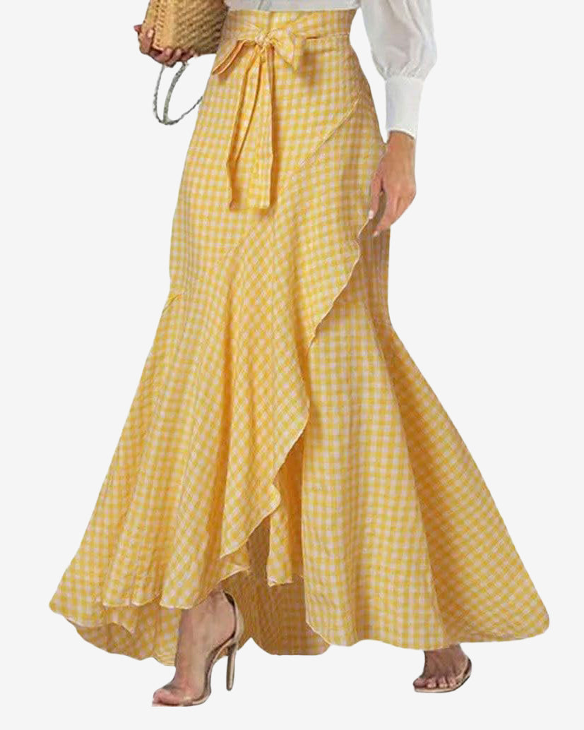 Chouyatou Women's Casual Plaid Mermaid Maxi Skirt A Line Irregular Ruffle Hem Fishtail Long Skirt