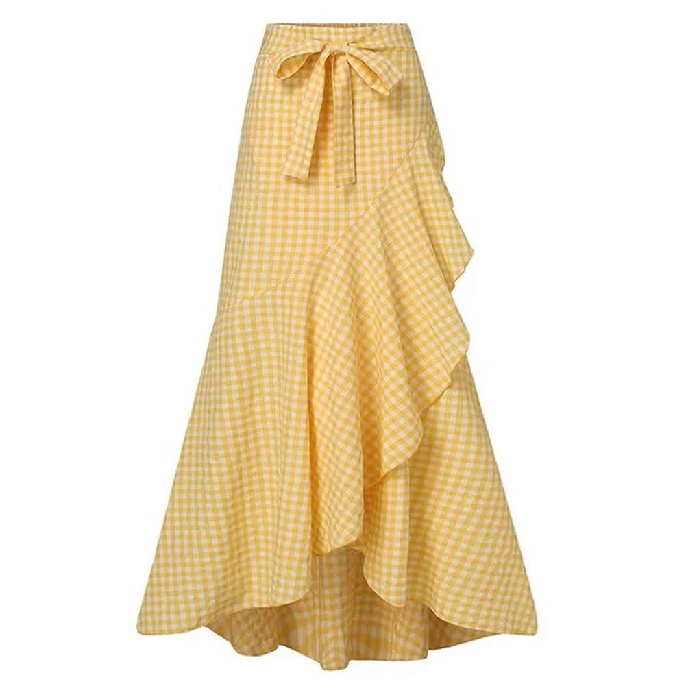 Chouyatou Women's Casual Plaid Mermaid Maxi Skirt A Line Irregular Ruffle Hem Fishtail Long Skirt
