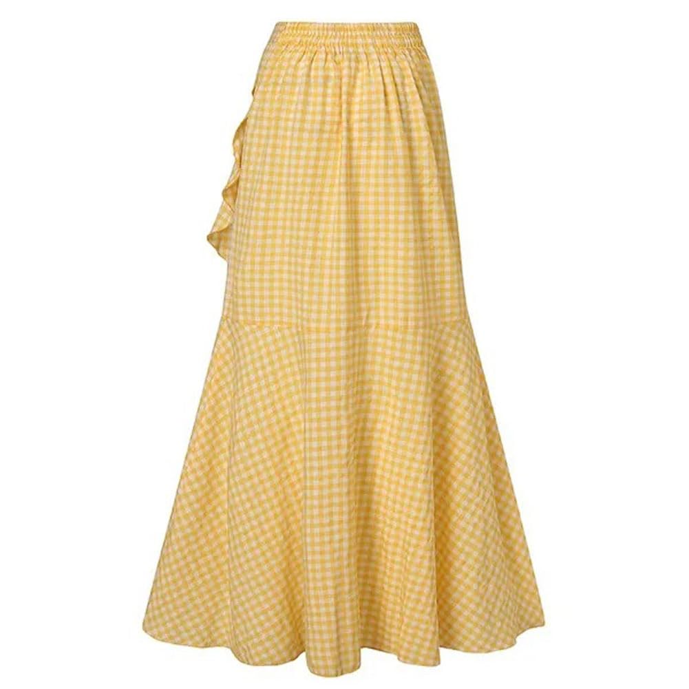 Chouyatou Women's Casual Plaid Mermaid Maxi Skirt A Line Irregular Ruffle Hem Fishtail Long Skirt