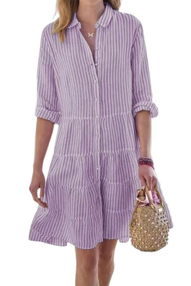 Chouyatou Womens Striped Button Down Midi Shirt Dress Casual Loose Cuffed Long Sleeve Mid Long Dresses