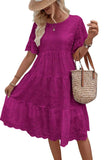 Chouyatou Women's Lace Eyelet Short Sleeve Tiered Midi Long Dress Ruffle Hem Babydoll Short Dress