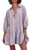 Chouyatou Women's Summer Puff Sleeve Tiered Tunic Babydoll Dress Cute Mini Button Down Shirt Dress